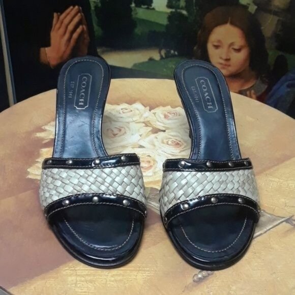 Coach Shoes - Coach Janna Black Natural Straw Weave Slides Gold Embellishments Kitten Heel 6.5